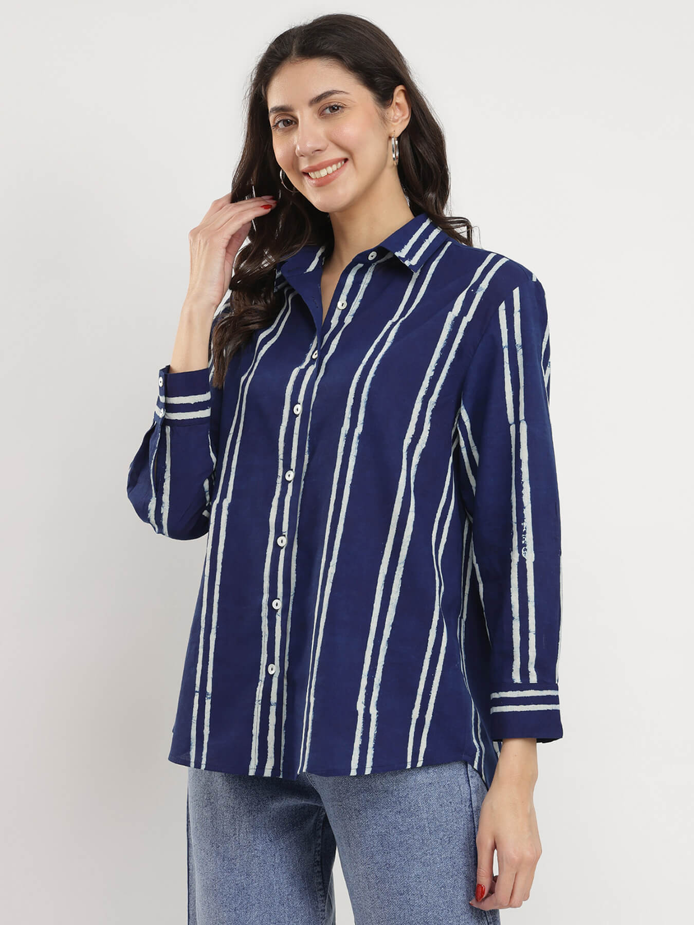 Cotton Dabu Striped Shirt - Indigo