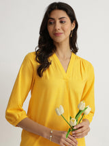 Cotton Solid V-Neck Top - Yellow
