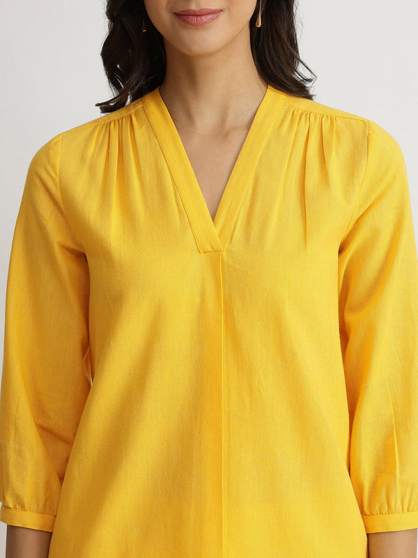Cotton Solid V-Neck Top - Yellow