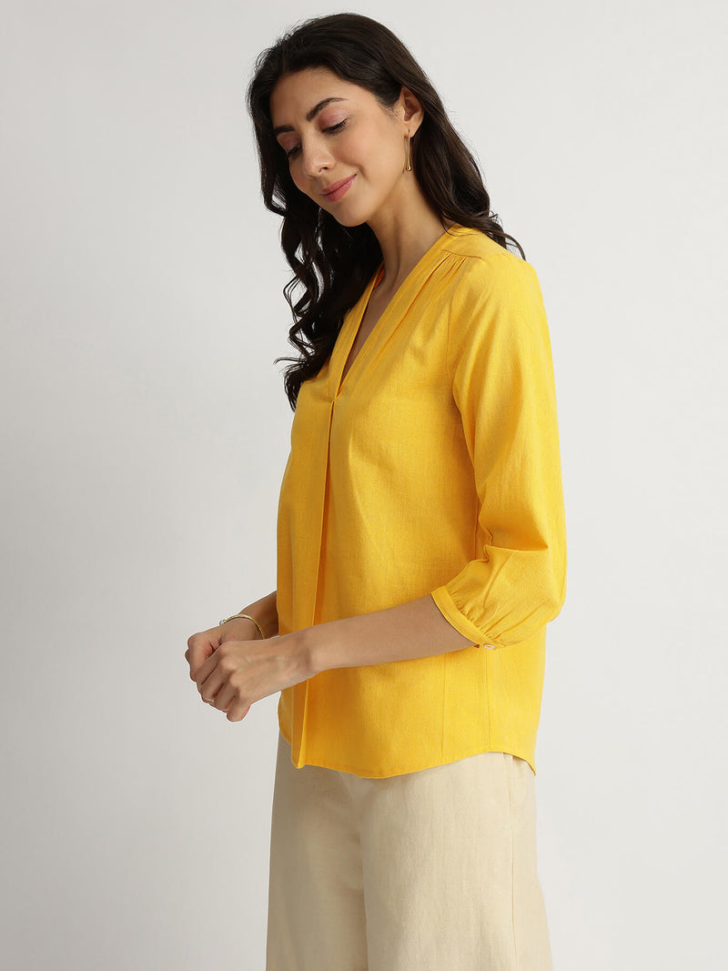 Cotton Solid V-Neck Top - Yellow