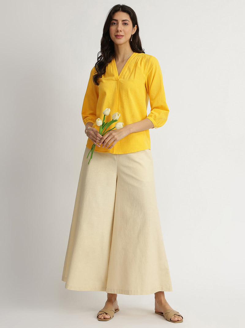 Cotton Solid V-Neck Top - Yellow