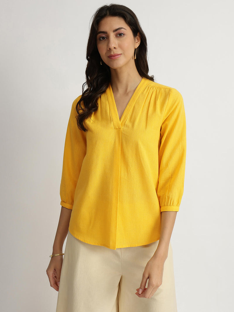 Cotton Solid V-Neck Top - Yellow