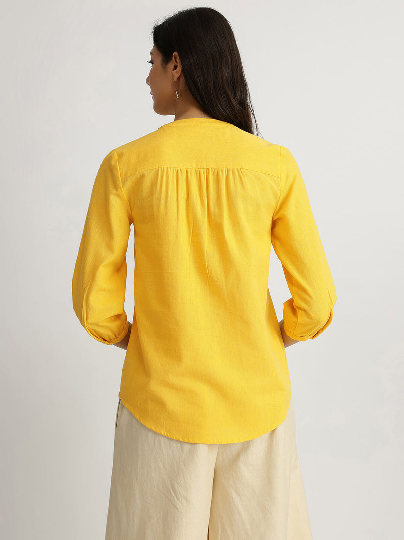 Cotton Solid V-Neck Top - Yellow