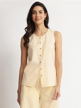 Linen Blend Solid Sleeveless Shirt - Beige