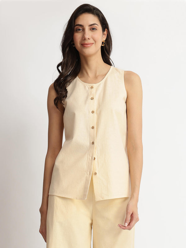 Linen Blend Solid Sleeveless Shirt - Beige