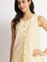 Linen Blend Solid Sleeveless Shirt - Beige