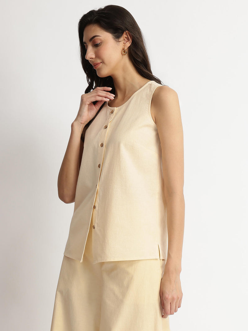 Linen Blend Solid Sleeveless Shirt - Beige