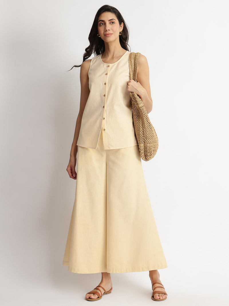 Linen Blend Solid Sleeveless Shirt - Beige