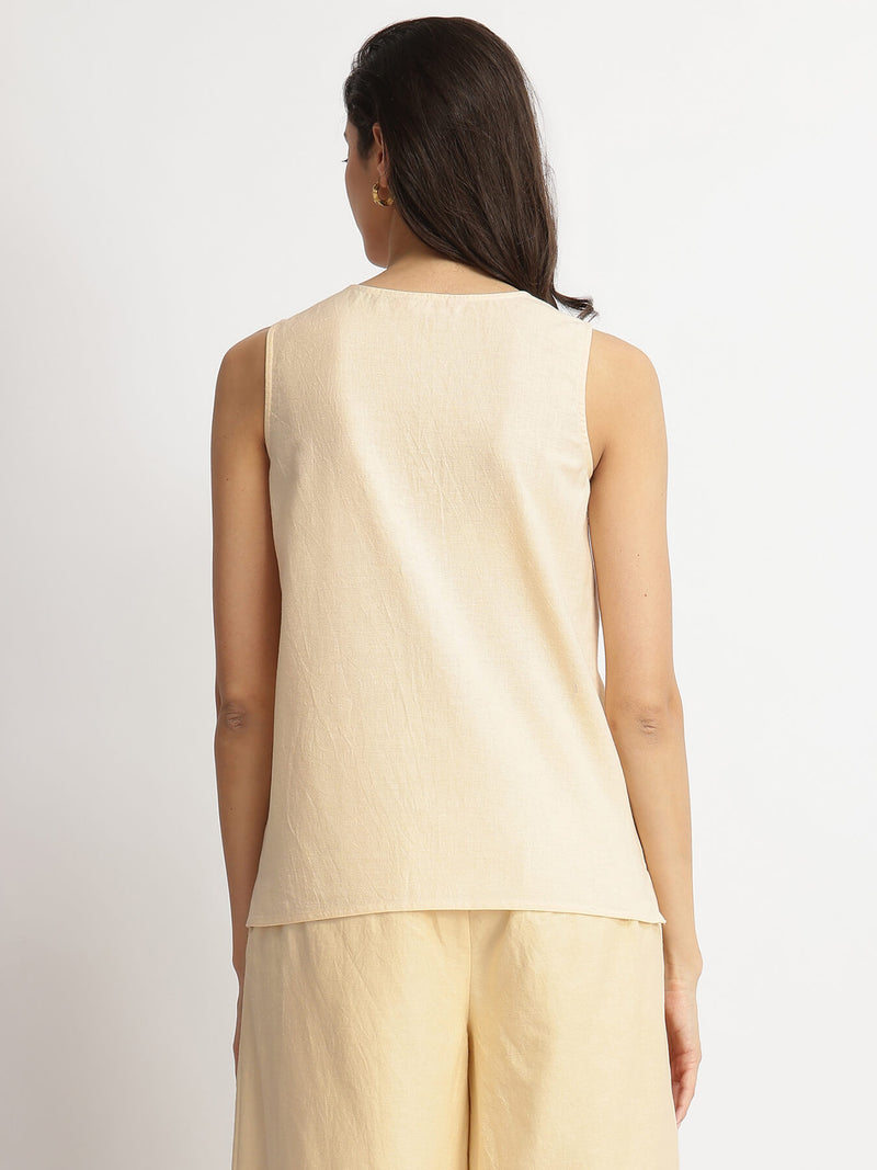Linen Blend Solid Sleeveless Shirt - Beige