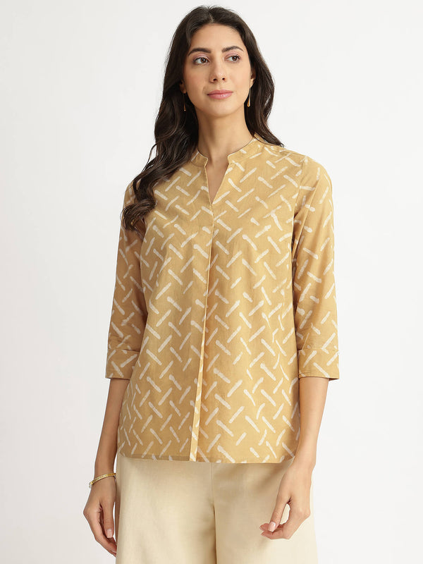 Cotton Dabu Geometric Print Top - Yellow