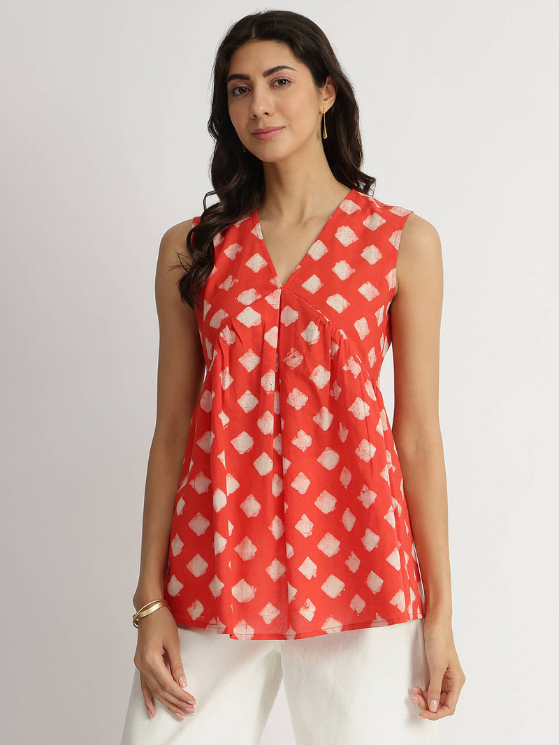 Cotton Dabu Geometric Print Top - Peach