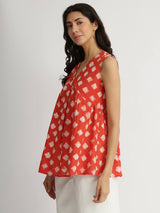 Cotton Dabu Geometric Print Top - Peach