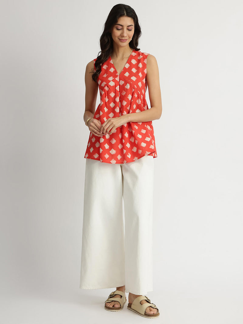 Cotton Dabu Geometric Print Top - Peach