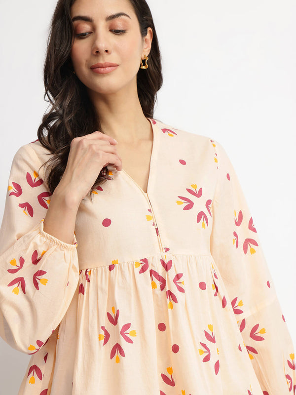 Cotton Floral Motif Top - Off-White & Red