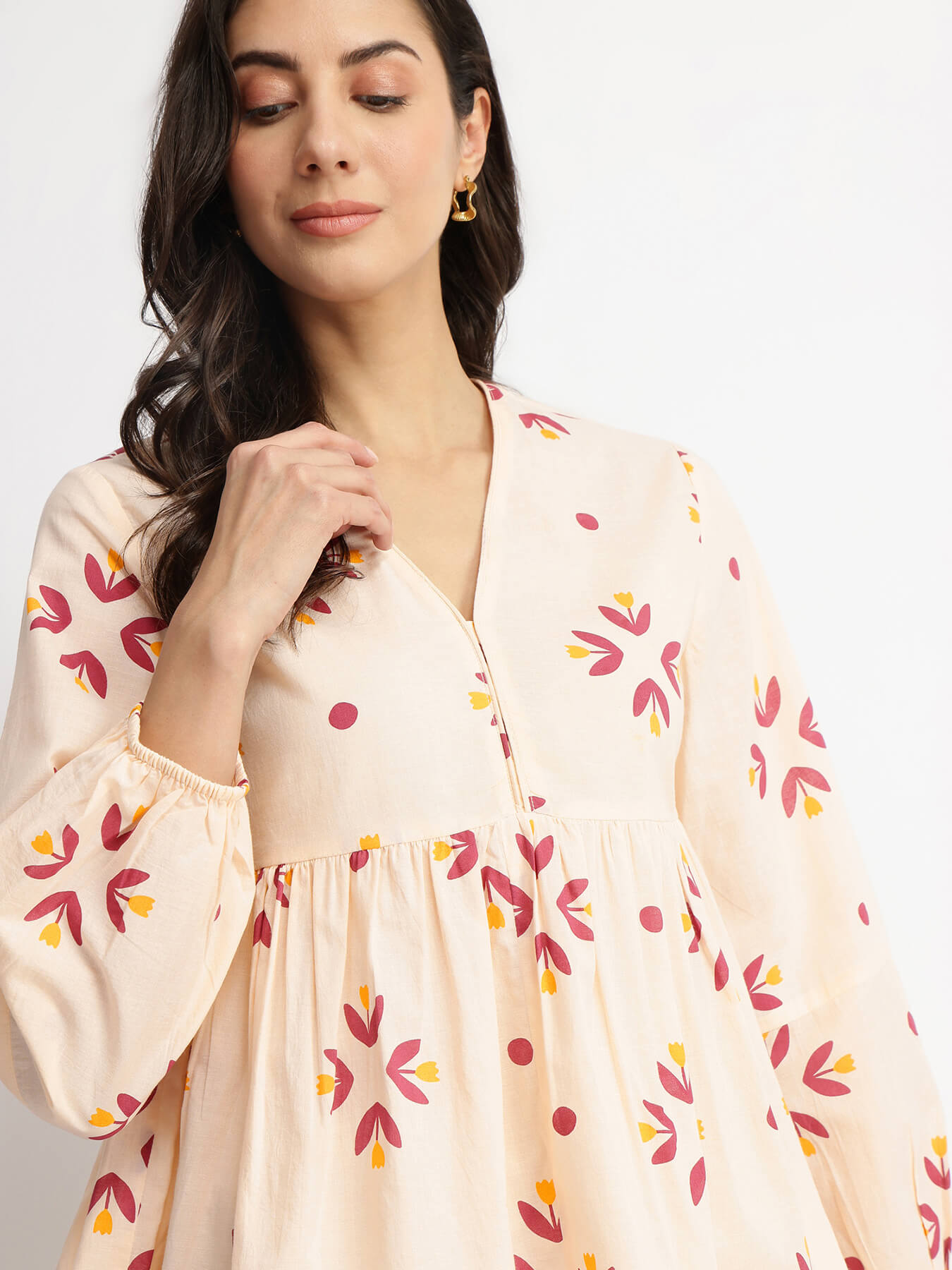 Cotton Floral Motif Top - Off-White & Red