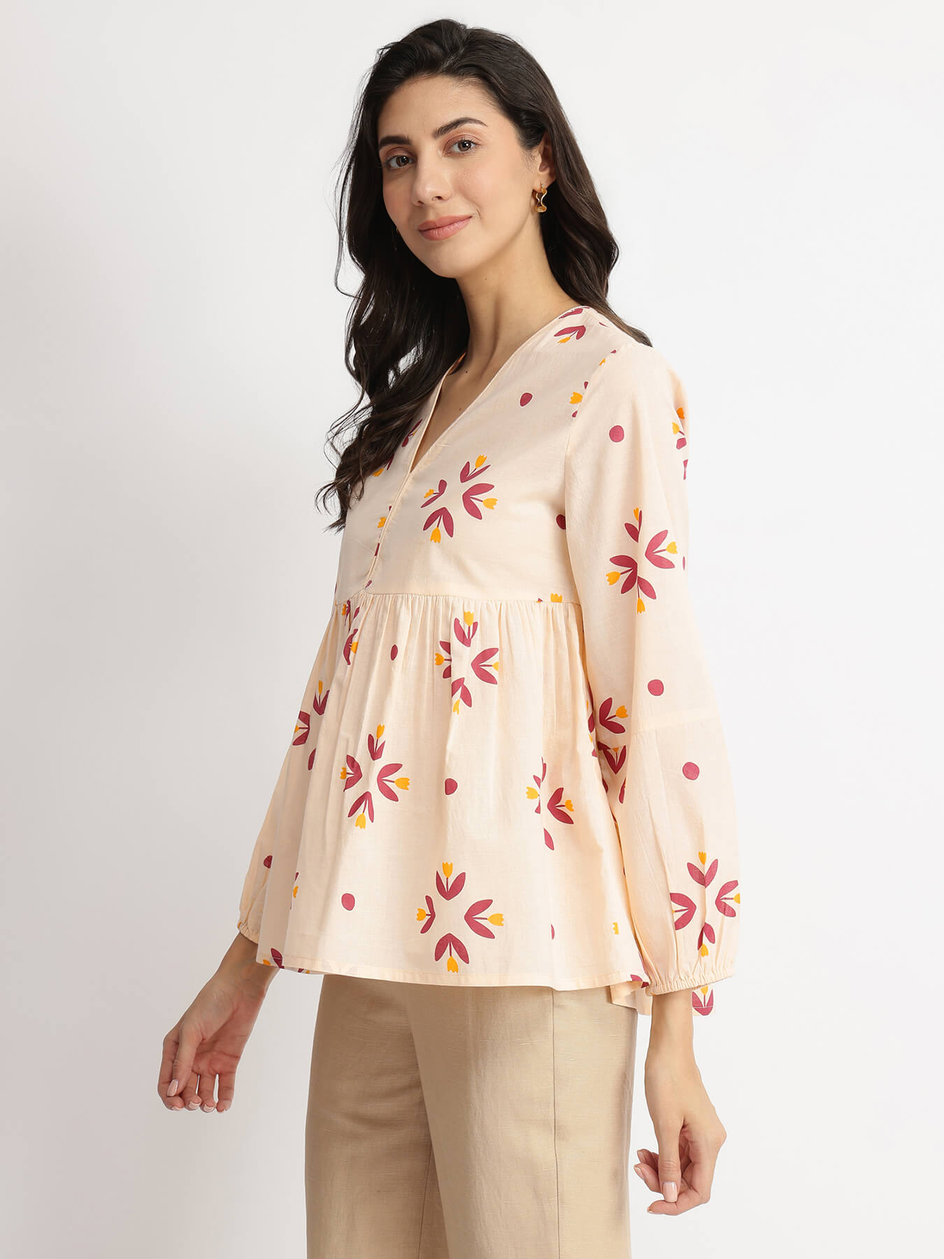 Cotton Floral Motif Top - Off-White & Red