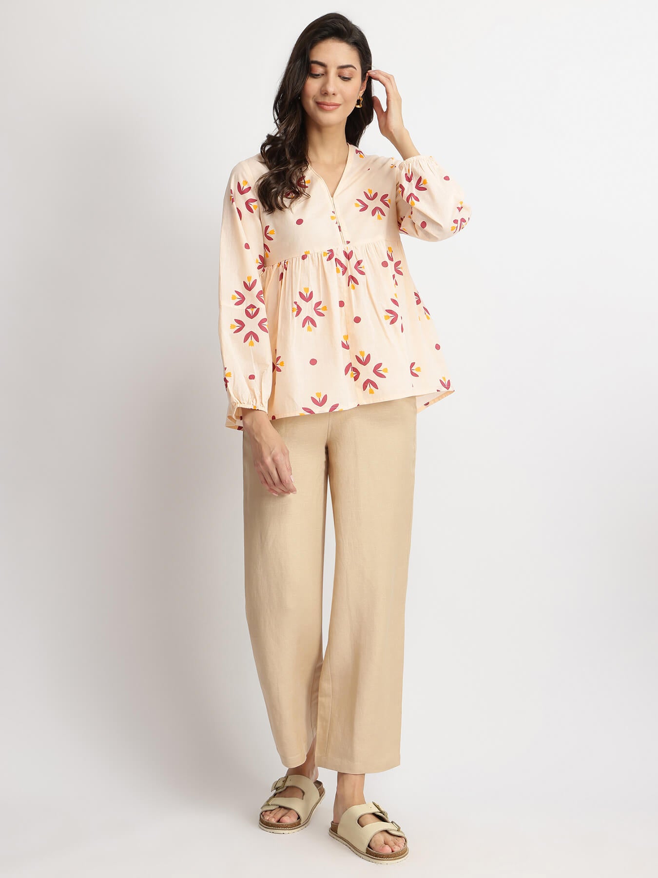 Cotton Floral Motif Top - Off-White & Red