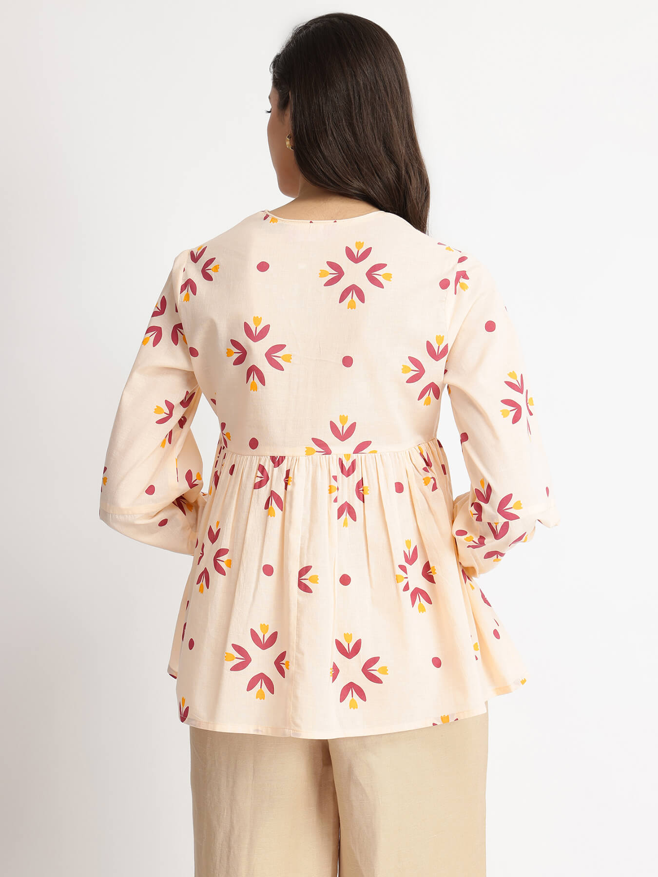 Cotton Floral Motif Top - Off-White & Red