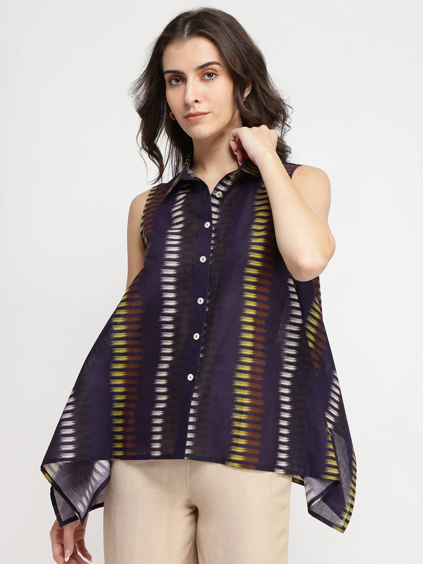 Cotton Striped Asymmetrical Shirt - Purple