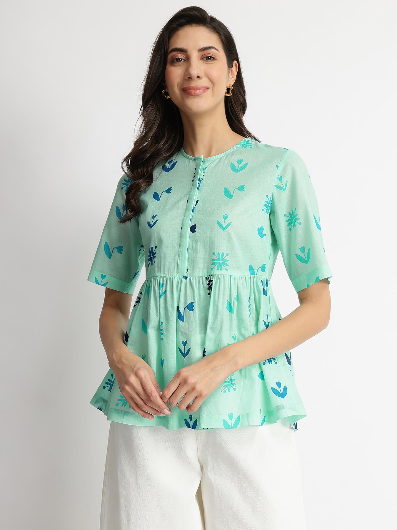 Cotton Floral Motif Gathered Top - Blue
