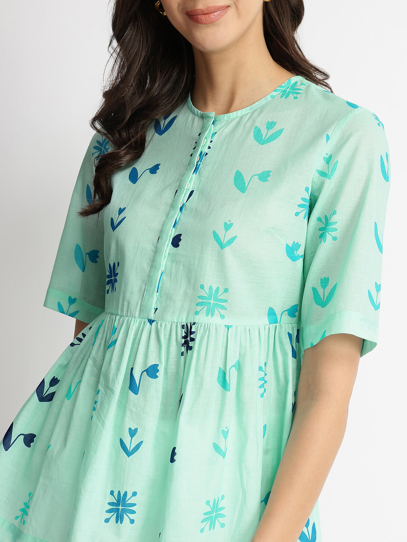 Cotton Floral Motif Gathered Top - Blue