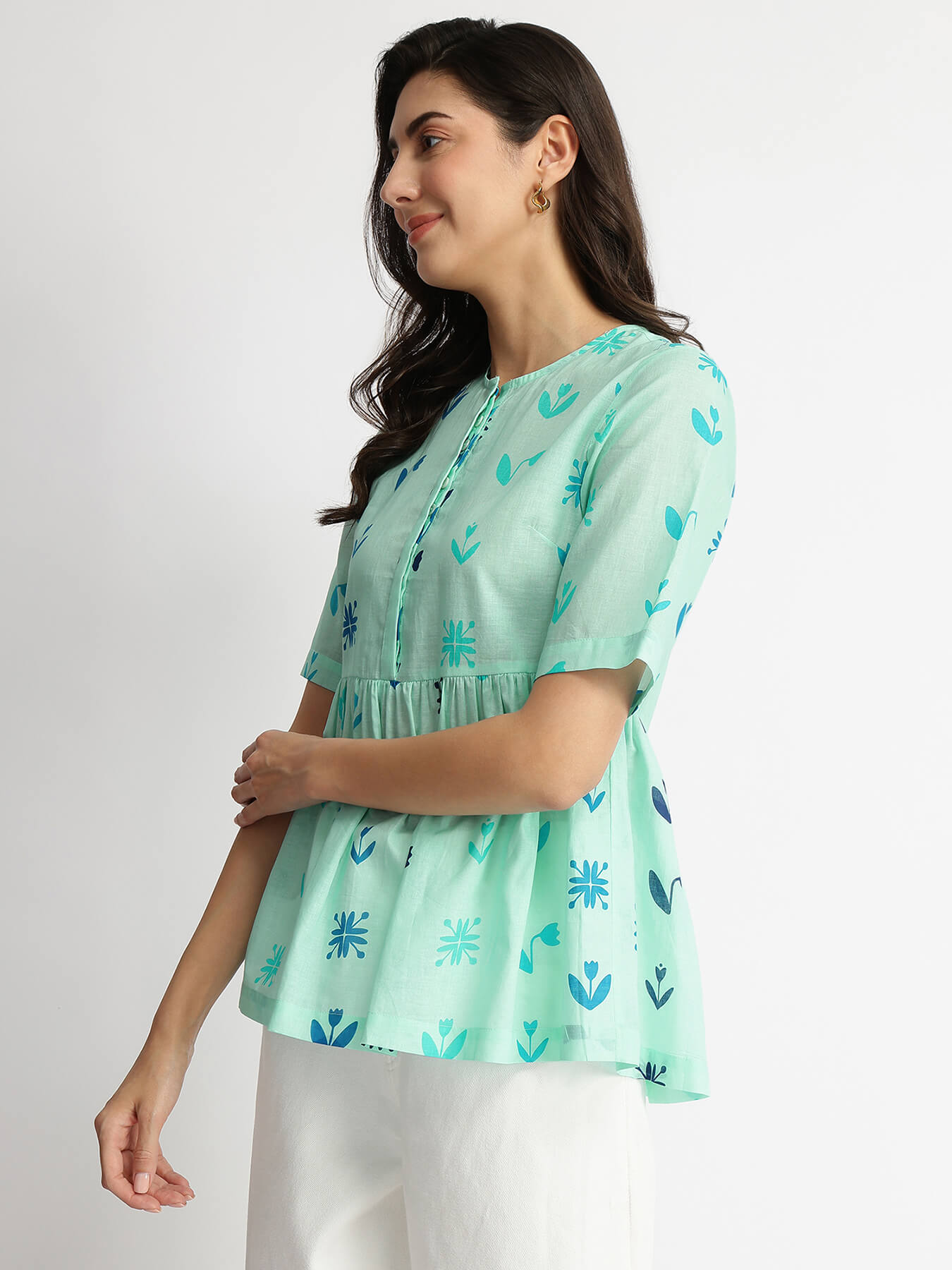 Cotton Floral Motif Gathered Top - Blue