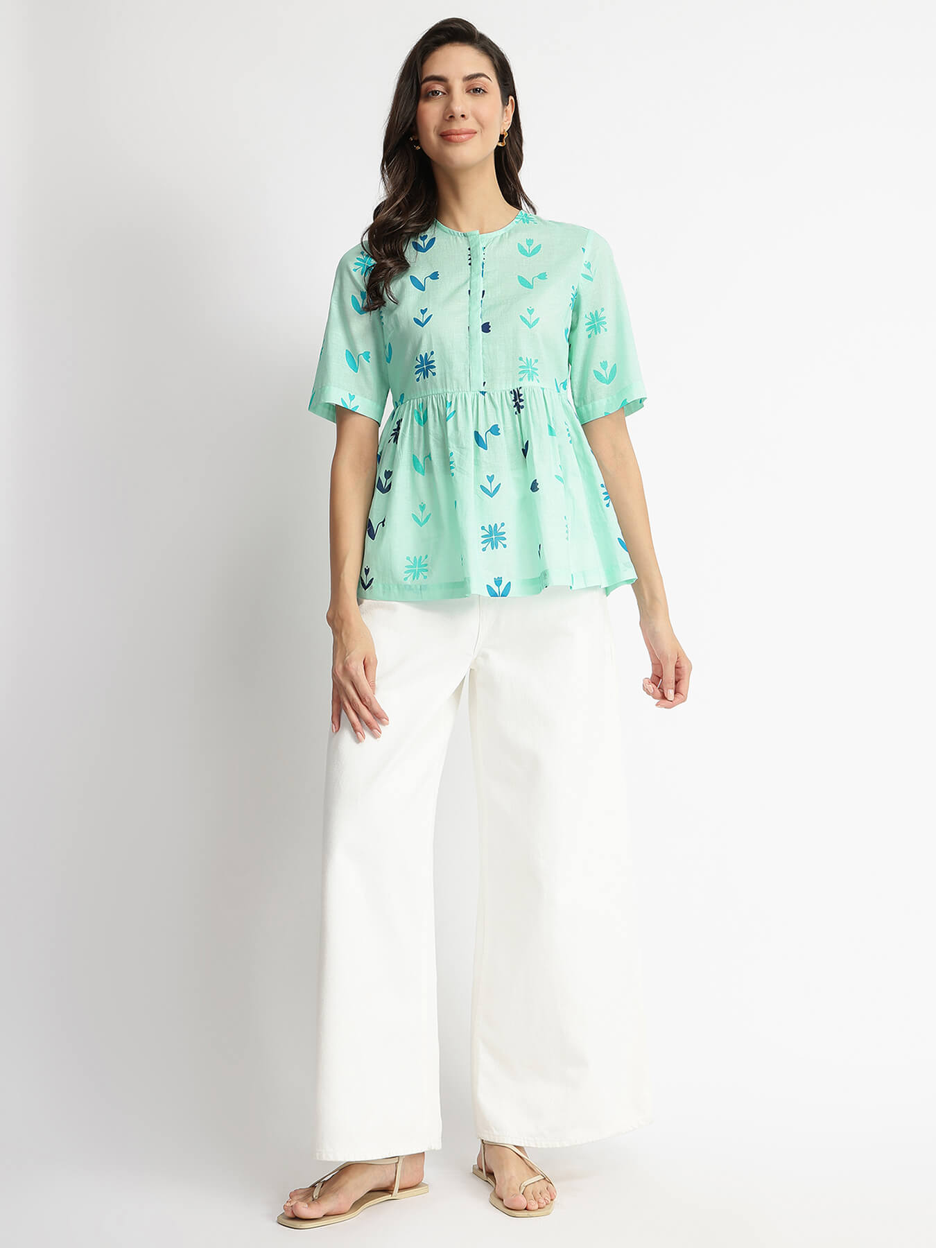 Cotton Floral Motif Gathered Top - Blue