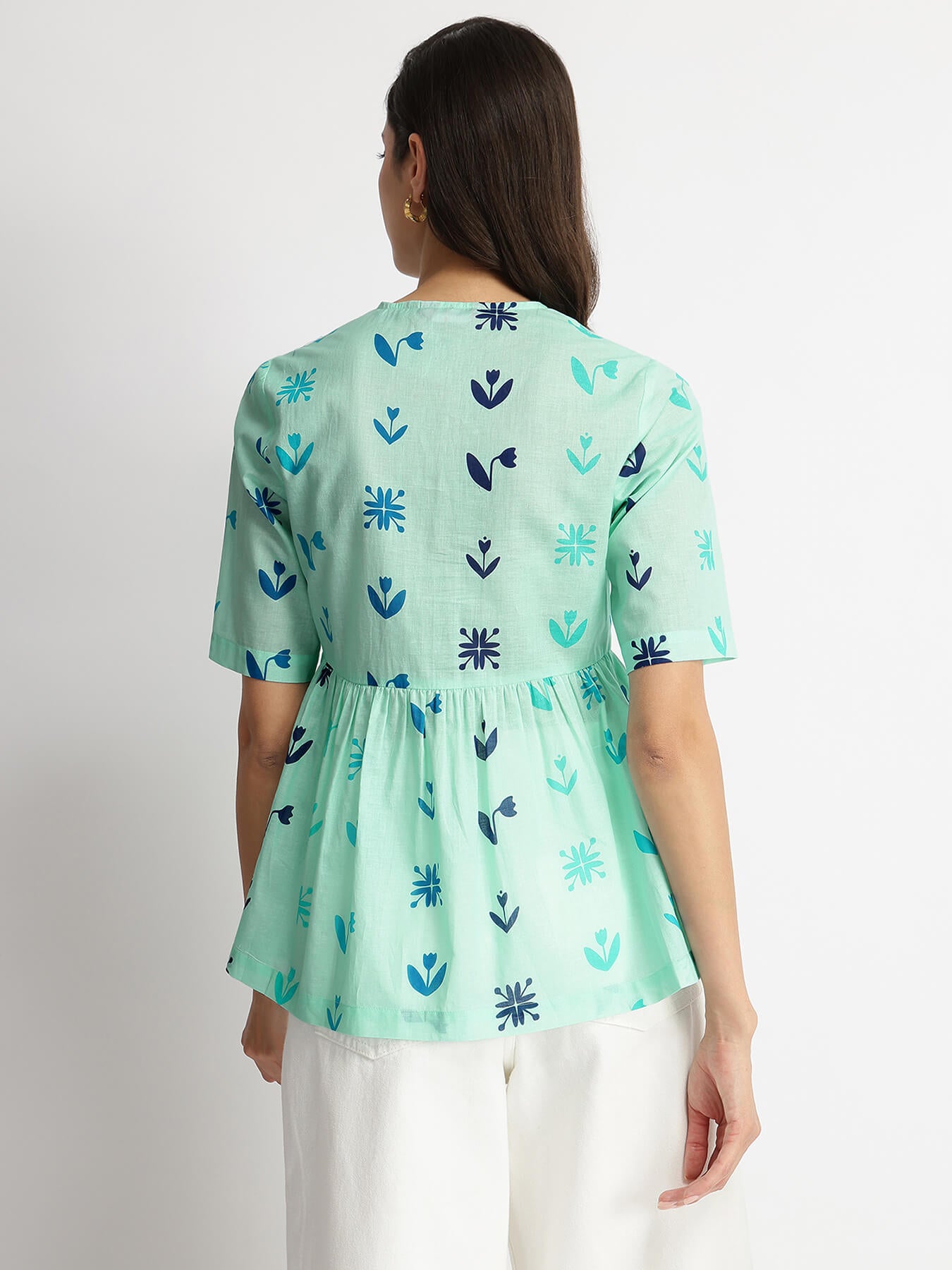 Cotton Floral Motif Gathered Top - Blue