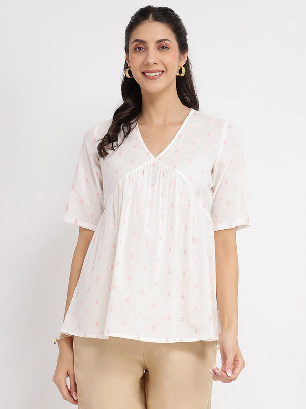 Cotton Ethnic Motif Gathered Top - White