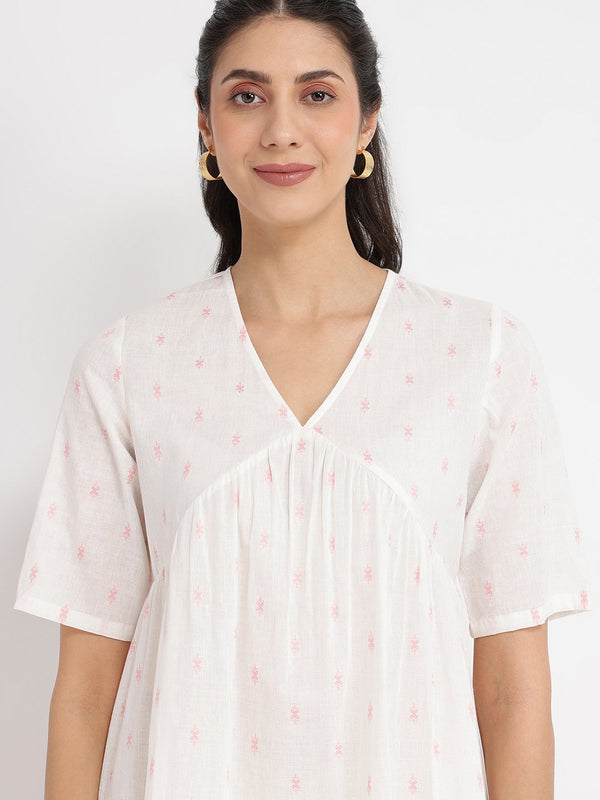 Cotton Ethnic Motif Gathered Top - White