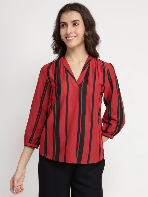 Cotton Striped V-Neck Top - Red & Black