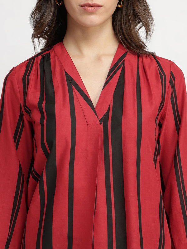 Cotton Striped V-Neck Top - Red & Black