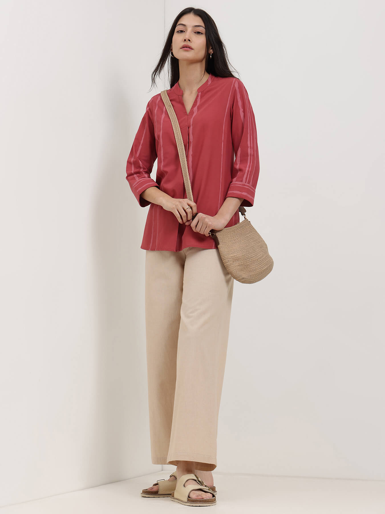 Cotton Striped Top - Maroon & Pink