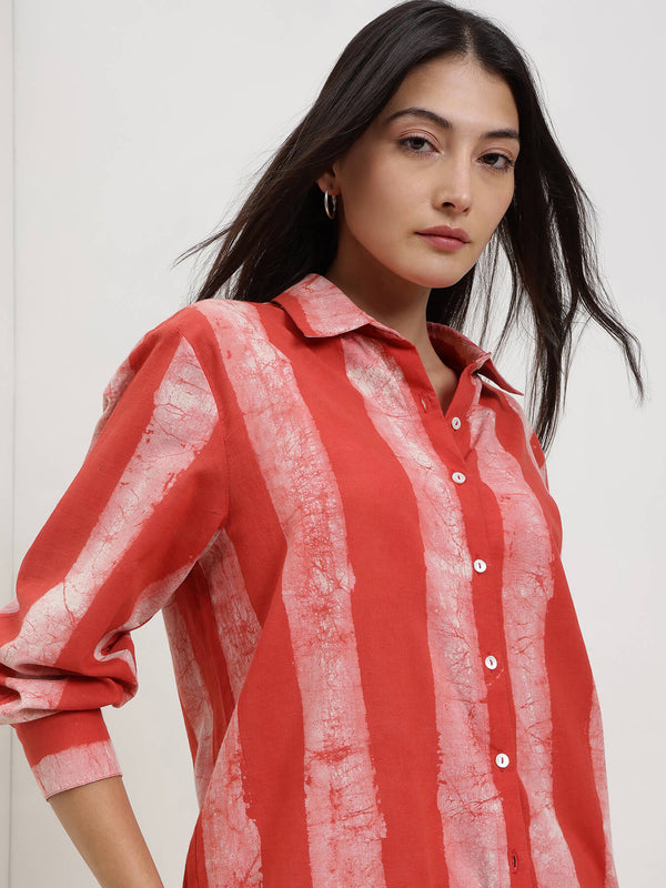 Cotton Dabu Striped Shirt - Red