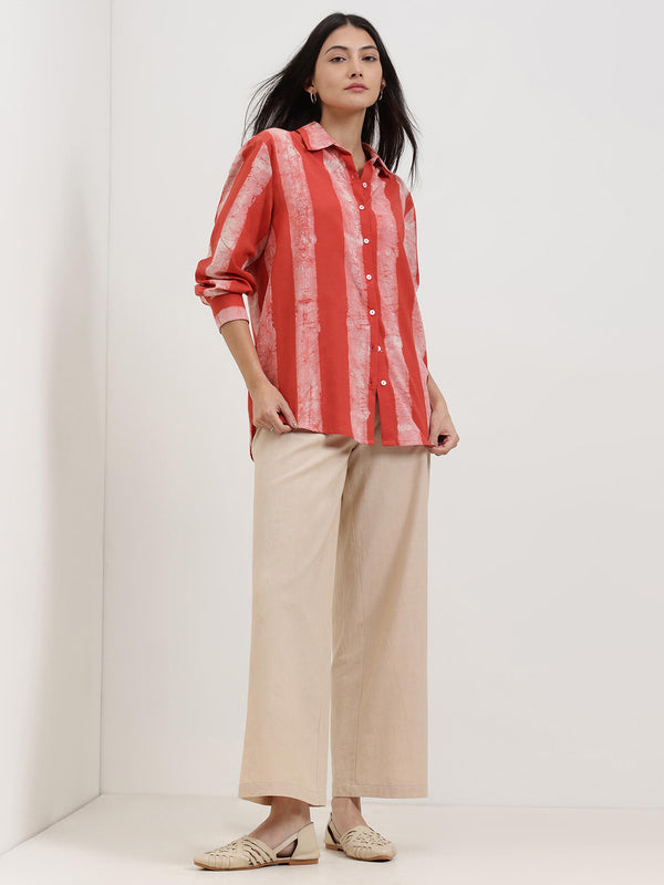 Cotton Dabu Striped Shirt - Red