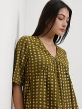 Cotton Dabu Geometric Print Top - Olive
