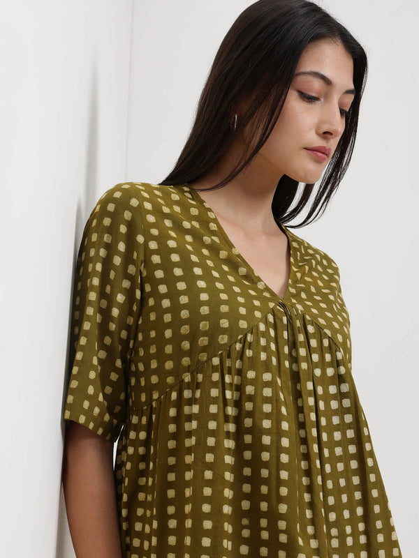 Cotton Dabu Geometric Print Top - Olive