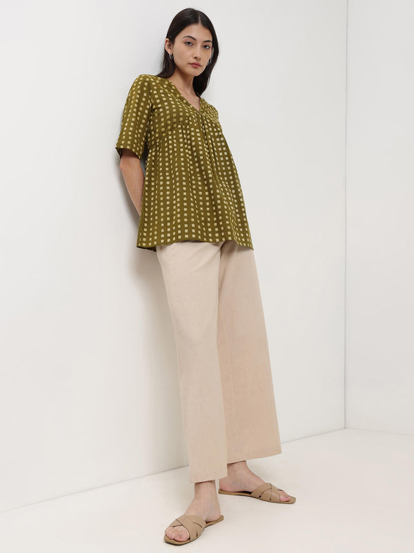 Cotton Dabu Geometric Print Top - Olive