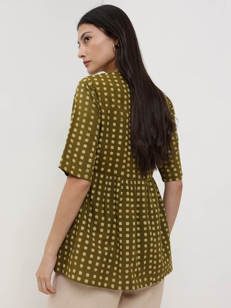 Cotton Dabu Geometric Print Top - Olive