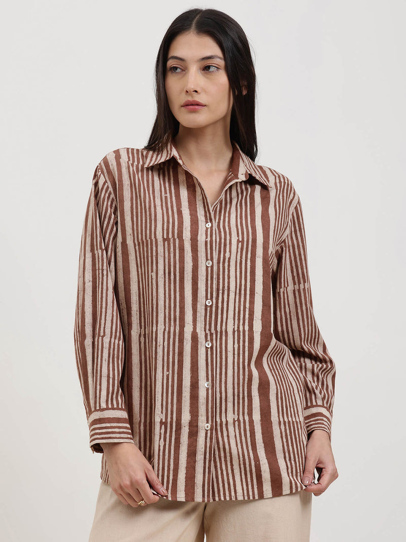 Cotton Dabu Striped Shirt - Brown