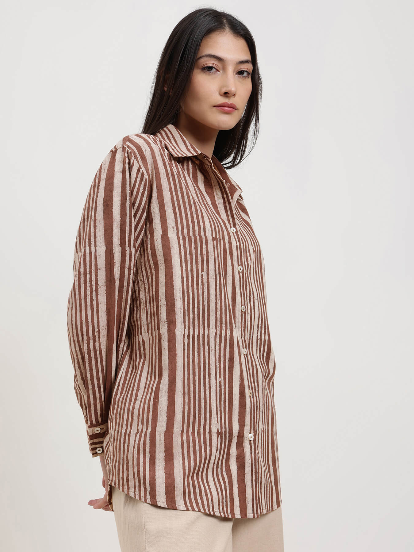Cotton Dabu Striped Shirt - Brown