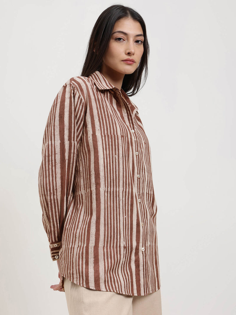 Cotton Dabu Striped Shirt - Brown