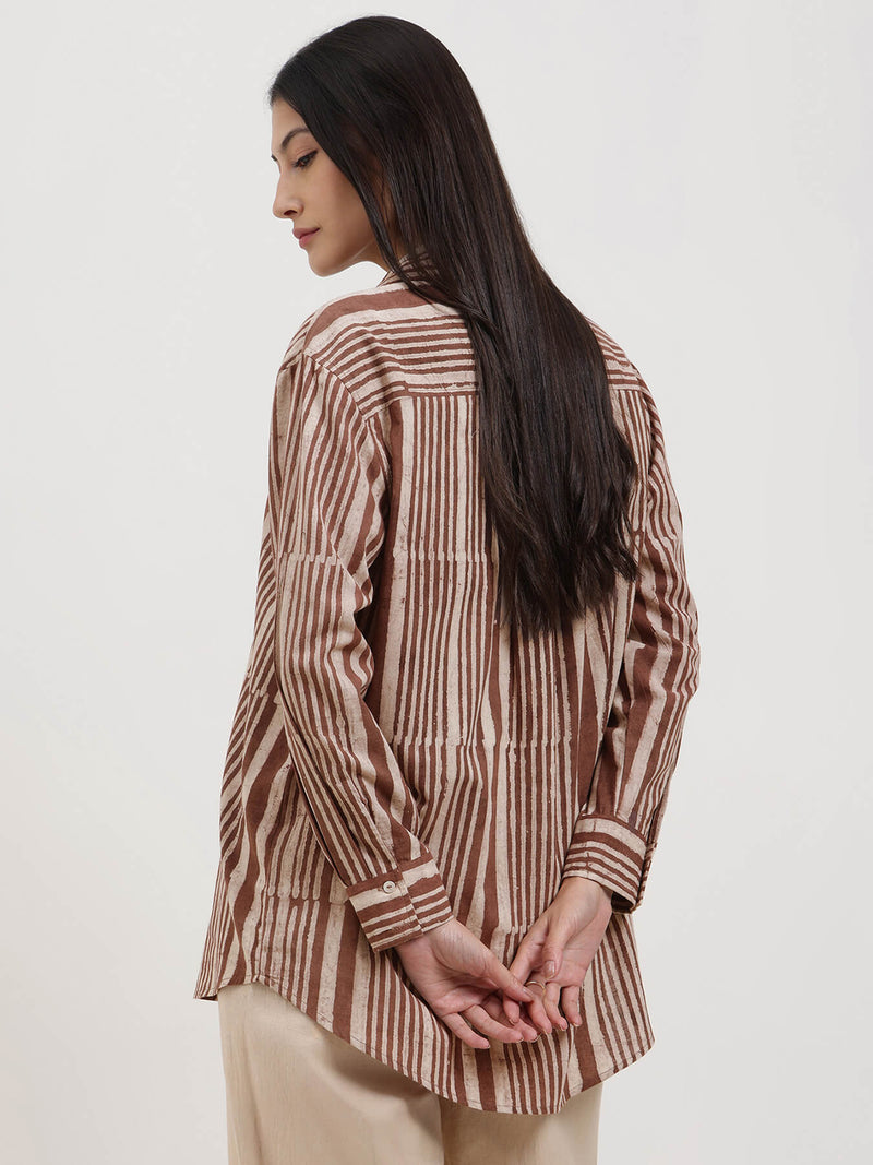 Cotton Dabu Striped Shirt - Brown