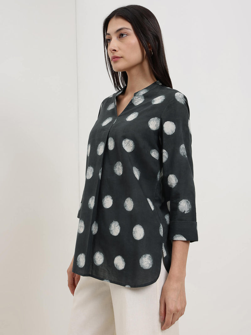 Cotton Dabu Polka Top - Black