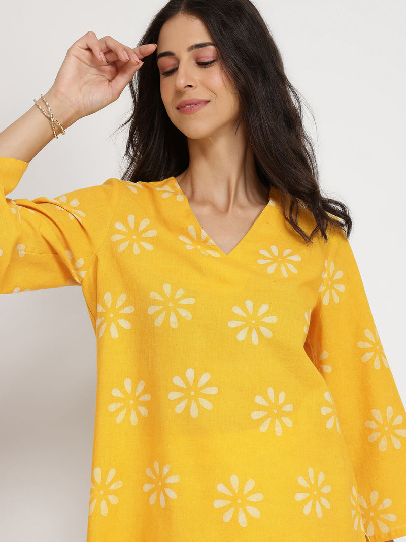 Cotton Dabu Floral Top - Yellow