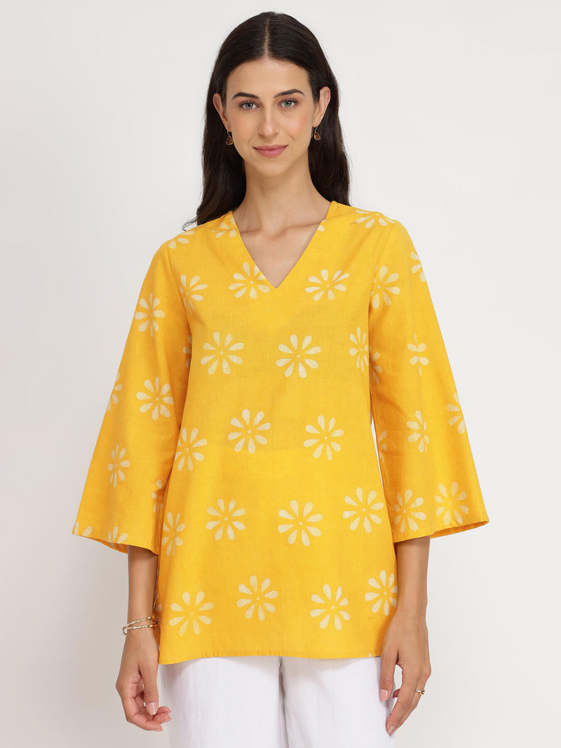 Cotton Dabu Floral Top - Yellow