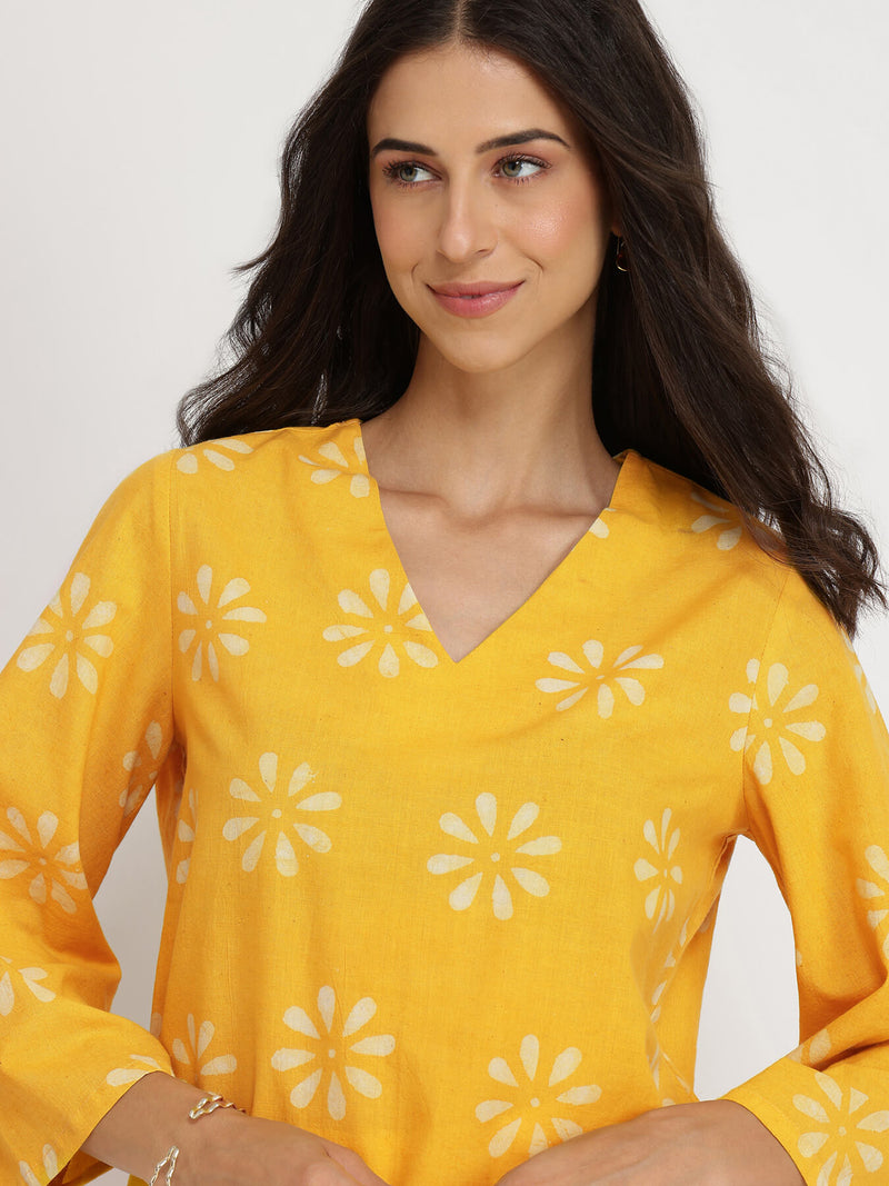 Cotton Dabu Floral Top - Yellow