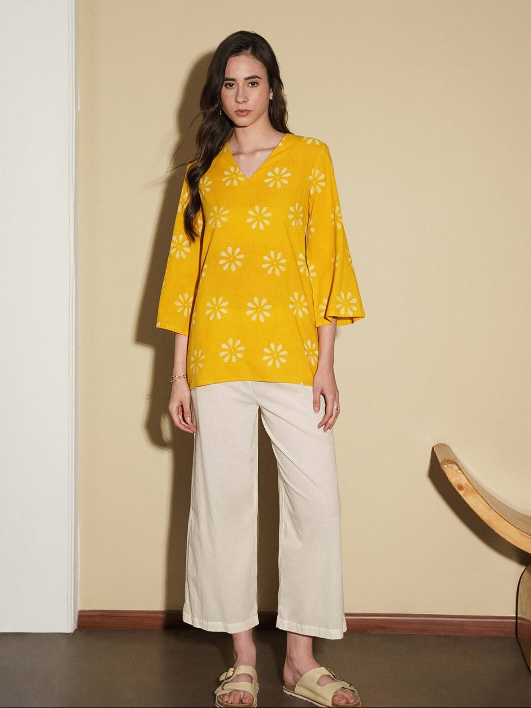 Cotton Dabu Floral Top - Yellow