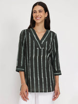 Cotton Dabu Striped Top - Black