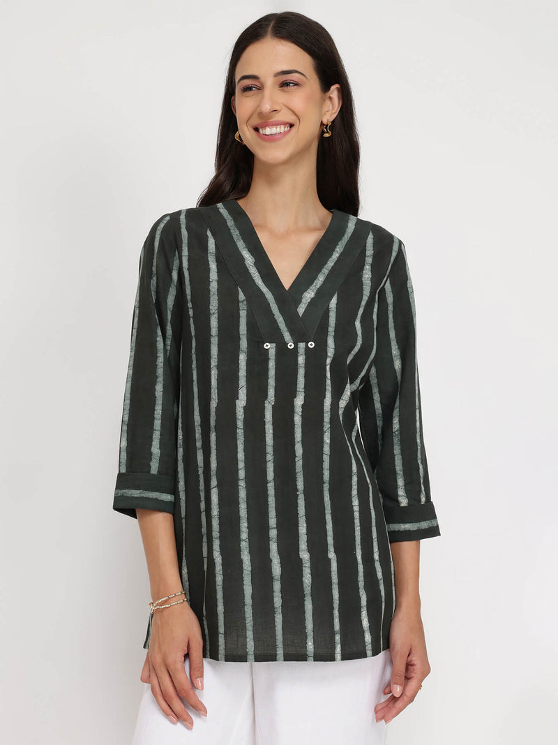 Cotton Dabu Striped Top - Black